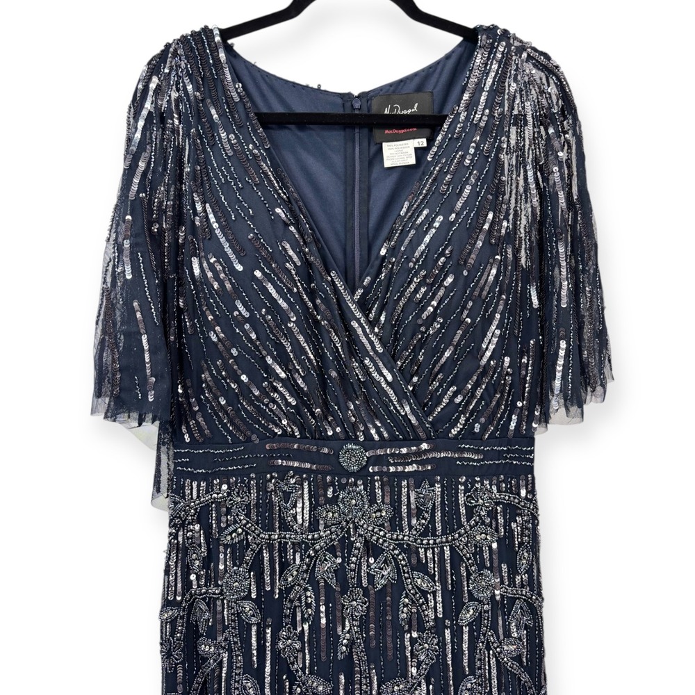 Mac Duggal NEW Navy Embellished Cap Sleeve Faux Wrap Trumpet‎ Gown $698 Size 12 - Picture 5 of 16